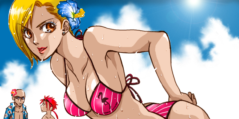 bald bikini blonde_hair elena_(ff7) final_fantasy final_fantasy_vii flower multiple_boys orange_eyes red_hair redhead reno rude short_hair sky smile string_bikini striped sunglasses swimsuit turks yuriko2755