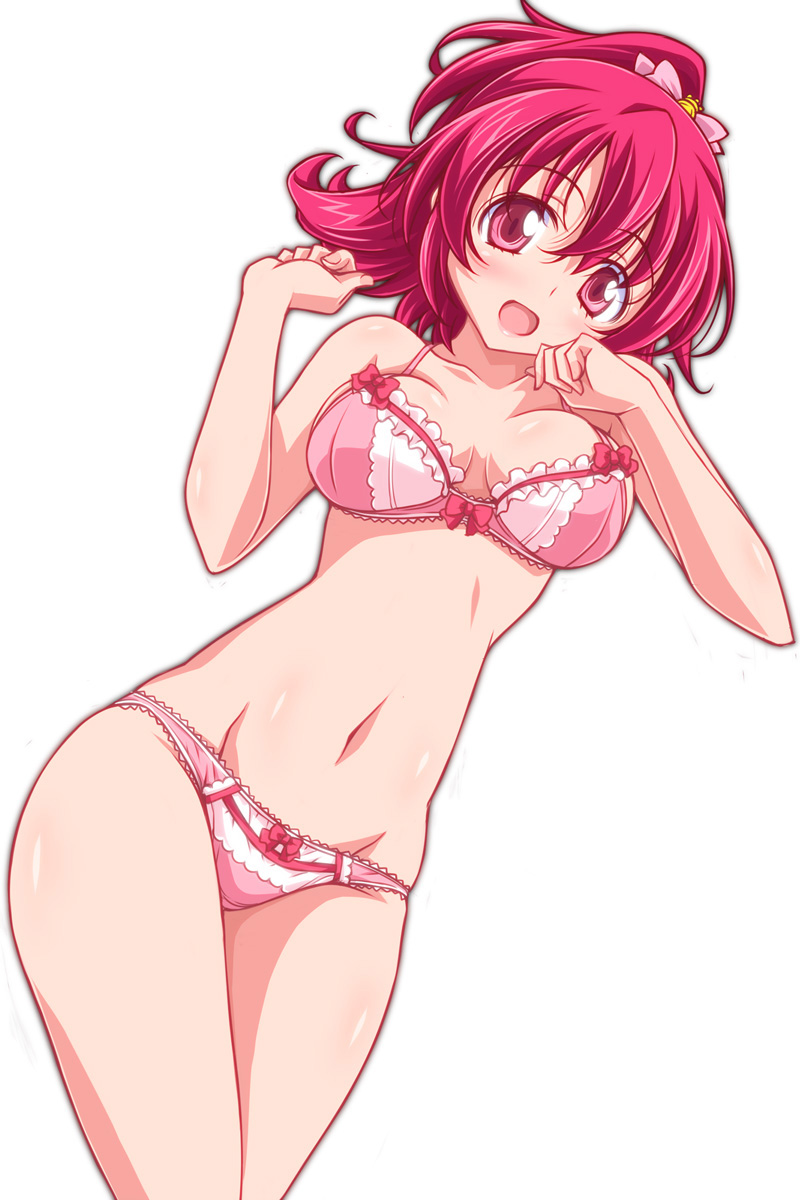 1girl aida_mana bow bow_bra bow_panties bra breasts dokidoki!_precure frilled_bra frills half_updo highres kikuchi_tsutomu lace lace-trimmed_bra lace-trimmed_panties looking_at_viewer medium_breasts open_mouth panties pink_bow pink_bra pink_eyes pink_hair pink_panties precure see-through short_hair simple_background smile solo underwear white_background