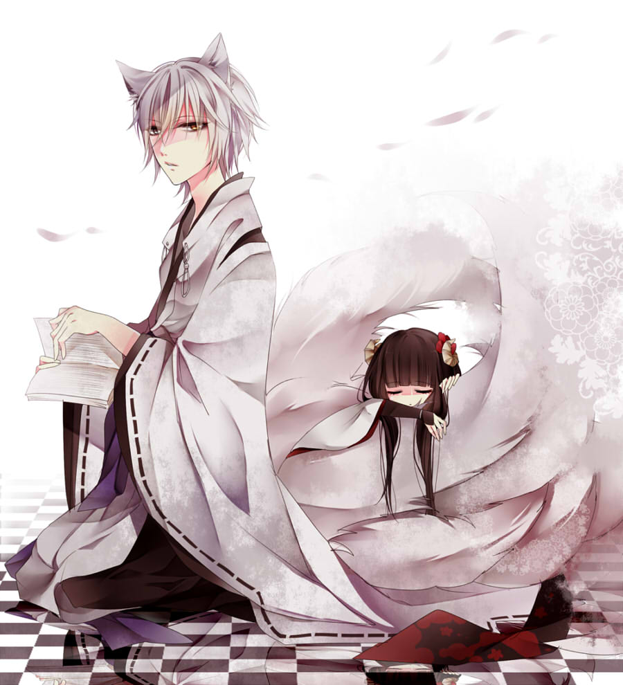 1boy 1girl animal_ears black_hair book checkered checkered_floor closed_eyes couple flower fox_ears fox_tail hair_flower hair_ornament heterochromia horns inu_x_boku_ss japanese_clothes kitsune long_hair looking_at_viewer miketsukami_soushi miko scarf shirakiin_ririchiyo short_hair shuua spiky_hair tail violet_eyes white_hair