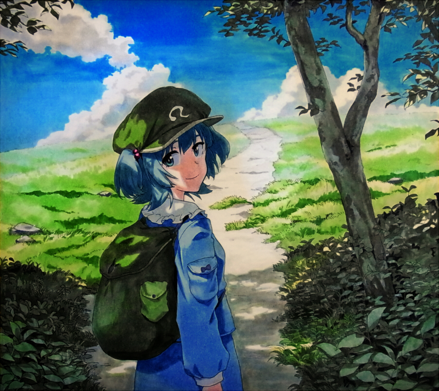 1girl backpack bag blue_dress blue_eyes blue_hair clouds dappled_sunlight day dress field green_hat hair_bobbles hair_ornament hat horizon kawashiro_nitori looking_at_viewer looking_back marker_(medium) millipen_(medium) mixed_media outdoors path road shade shiratama_(hockey) short_hair sky smile solo sunlight touhou traditional_media tree two_side_up walking