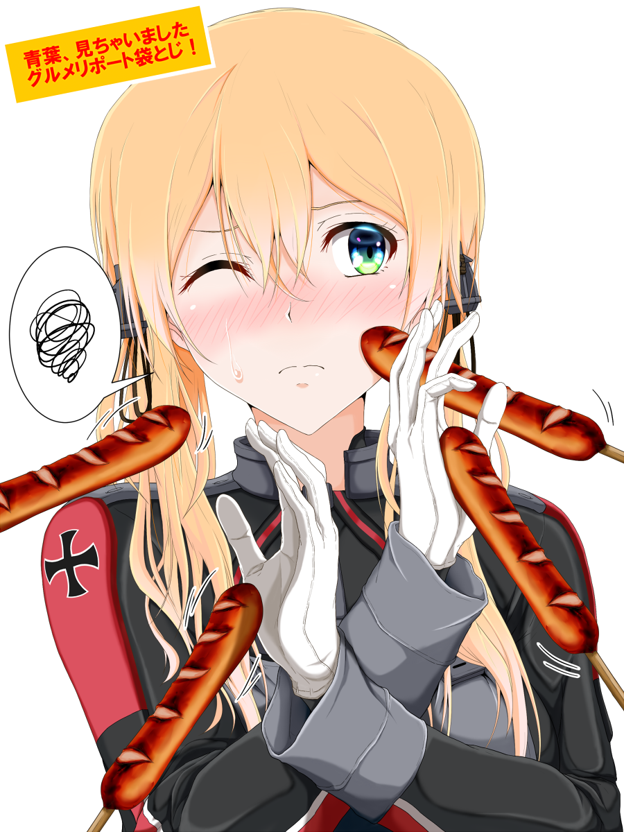 1girl anchor_hair_ornament aqua_eyes blonde_hair blush food food_on_face gloves hair_ornament hamaguri_(hamaguri1234) highres iron_cross kantai_collection long_sleeves low_twintails military military_uniform prinz_eugen_(kantai_collection) sausage sexually_suggestive simple_background translation_request twintails uniform white_background white_gloves