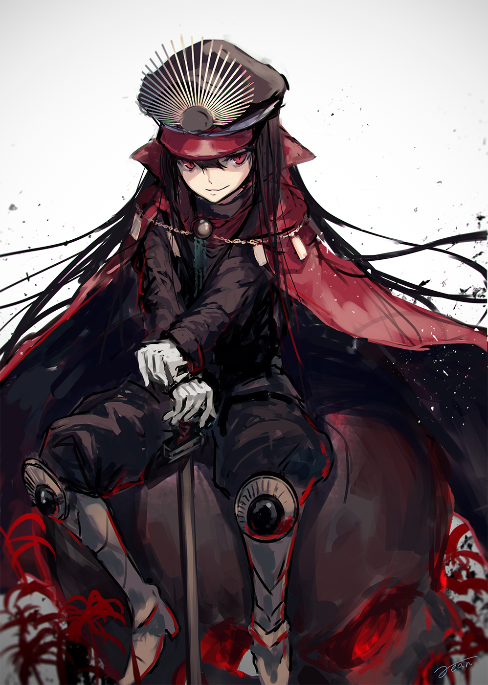 1girl armor armored_boots bangs black_hair boots cloak closed_mouth commentary_request demon_archer fate_(series) gloves hair_between_eyes hat highres koha-ace legs_apart long_hair looking_at_viewer military military_hat military_uniform peaked_cap planted_sword planted_weapon rean_(r_ean) red_eyes sitting smile solo sword uniform weapon white_gloves