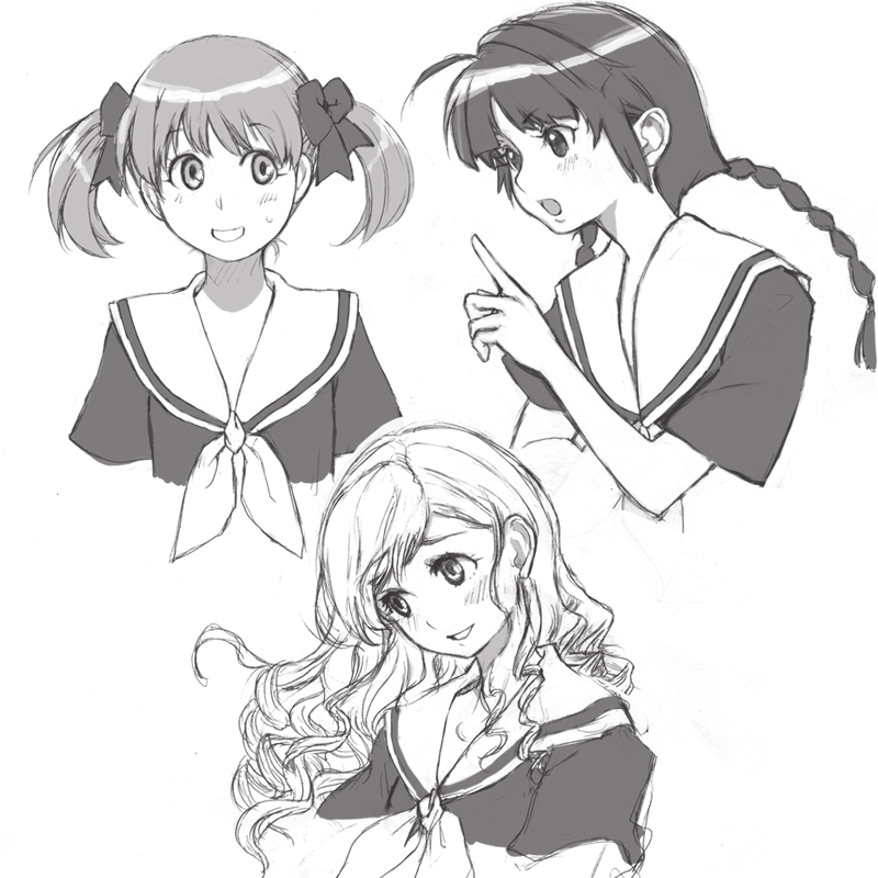 3girls braid fukuzawa_yumi greyscale maria-sama_ga_miteru monochrome mori_yoichi multiple_girls shimazu_yoshino toudou_shimako twin_braids twintails