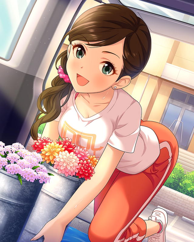 1girl artist_request brown_hair card_(medium) collarbone earrings etou_misaki_(idolmaster) eyelashes flower green_eyes holding idolmaster idolmaster_cinderella_girls jewelry looking_at_viewer low_ponytail official_art open_mouth pants plant shirt smile solo sweat t-shirt track_pants