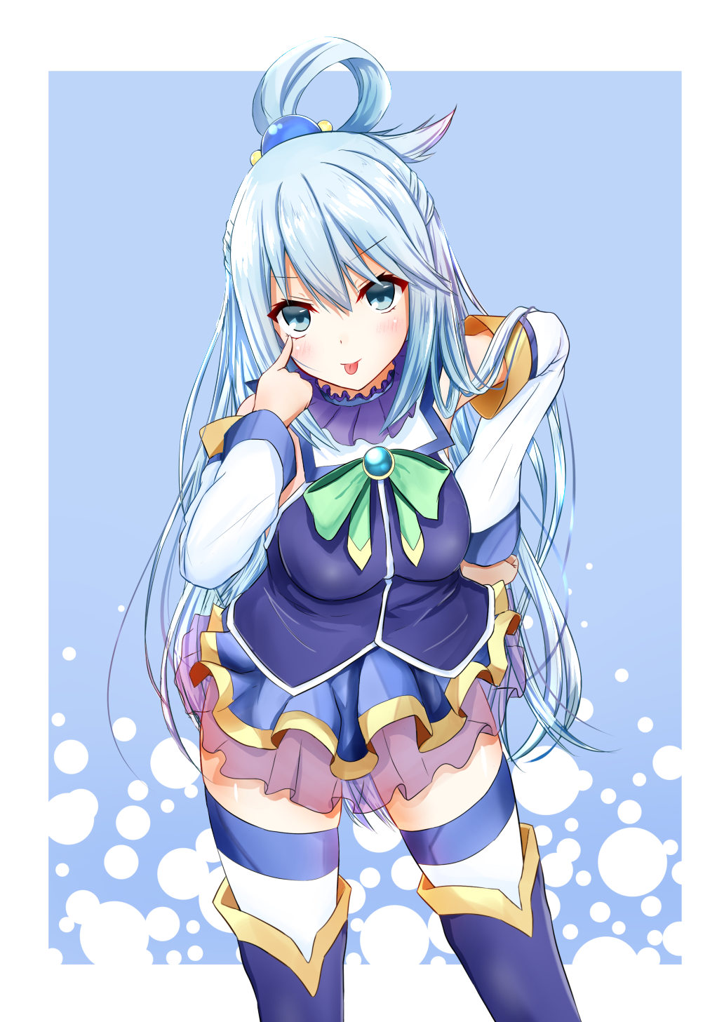 &gt;:p 1girl :p akanbe aqua_(konosuba) blue_background blue_eyes blue_hair blush breasts closed_mouth detached_sleeves ex_idol eyebrows_visible_through_hair hair_between_eyes hair_ornament hair_rings half_updo hand_on_hip head_tilt highres kono_subarashii_sekai_ni_shukufuku_wo! leaning_forward long_hair looking_at_viewer medium_breasts outside_border shirt skirt sleeveless sleeveless_shirt smile solo striped striped_legwear thigh-highs tongue tongue_out very_long_hair white_legwear