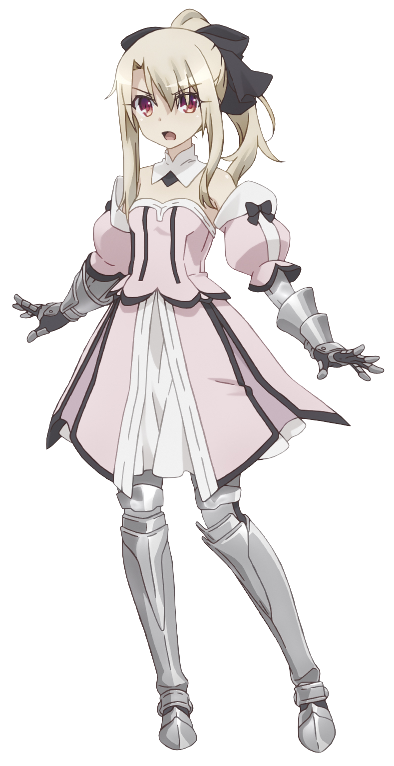 1girl armor armored_boots black_bow boots bow breasts choker cosplay detached_sleeves dress eyebrows_visible_through_hair fate/kaleid_liner_prisma_illya fate_(series) full_body gauntlets hair_bow high_ponytail highres illyasviel_von_einzbern long_hair looking_at_viewer open_mouth red_eyes saber saber_lily saber_lily_(cosplay) short_dress silver_hair sleeveless sleeveless_dress small_breasts solo standing strapless strapless_dress transparent_background white_dress