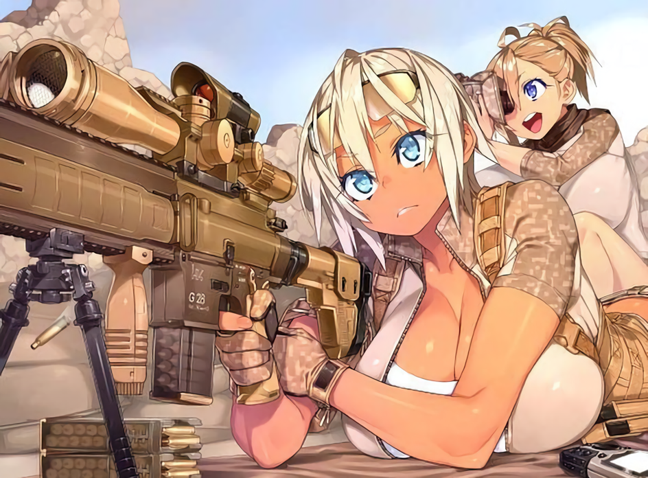 23_(real_xxiii) 2girls ahoge ahoge_girl_(23) battle_rifle bipod blonde_hair blue_eyes breasts cleavage dark-skinned_girl_(23) dark_skin gloves gun huge_breasts large_breasts magazine_(weapon) multiple_girls rifle scope shell_casing short_hair sniper_rifle vertical_foregrip weapon wife_and_wife