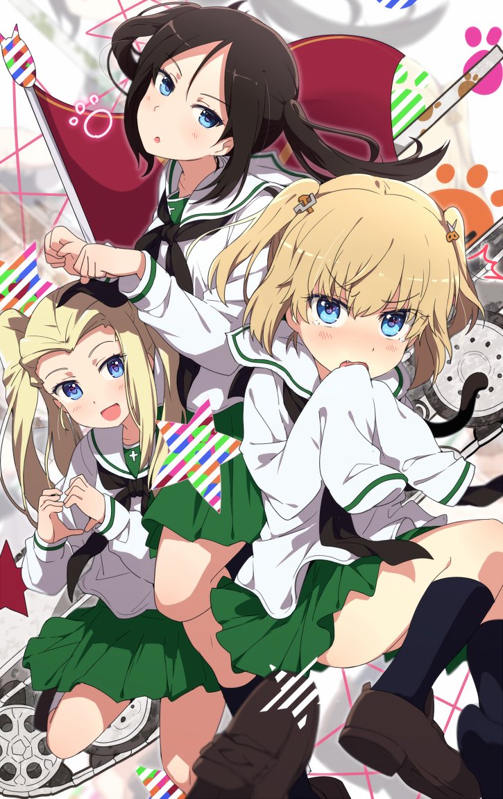 3girls :d alternate_costume alternate_hairstyle bangs black_hair black_legwear black_neckerchief blonde_hair blouse blue_eyes blurry blush brown_shoes clara_(girls_und_panzer) depth_of_field embarrassed emblem eyebrows_visible_through_hair fang flag girls_und_panzer green_skirt ground_vehicle hair_between_eyes hands_in_sleeves heart heart_hands katyusha kneehighs loafers long_hair long_sleeves looking_at_viewer military military_vehicle miniskirt motor_vehicle multiple_girls neckerchief nonna ogipote open_mouth oversized_clothes paw_pose paw_print pleated_skirt pravda_(emblem) school_uniform serafuku shoes shoes_removed short_hair sidelocks single_shoe skirt sleeves_past_wrists smile star tank tears twintails two_side_up wavy_mouth white_blouse widow's_peak