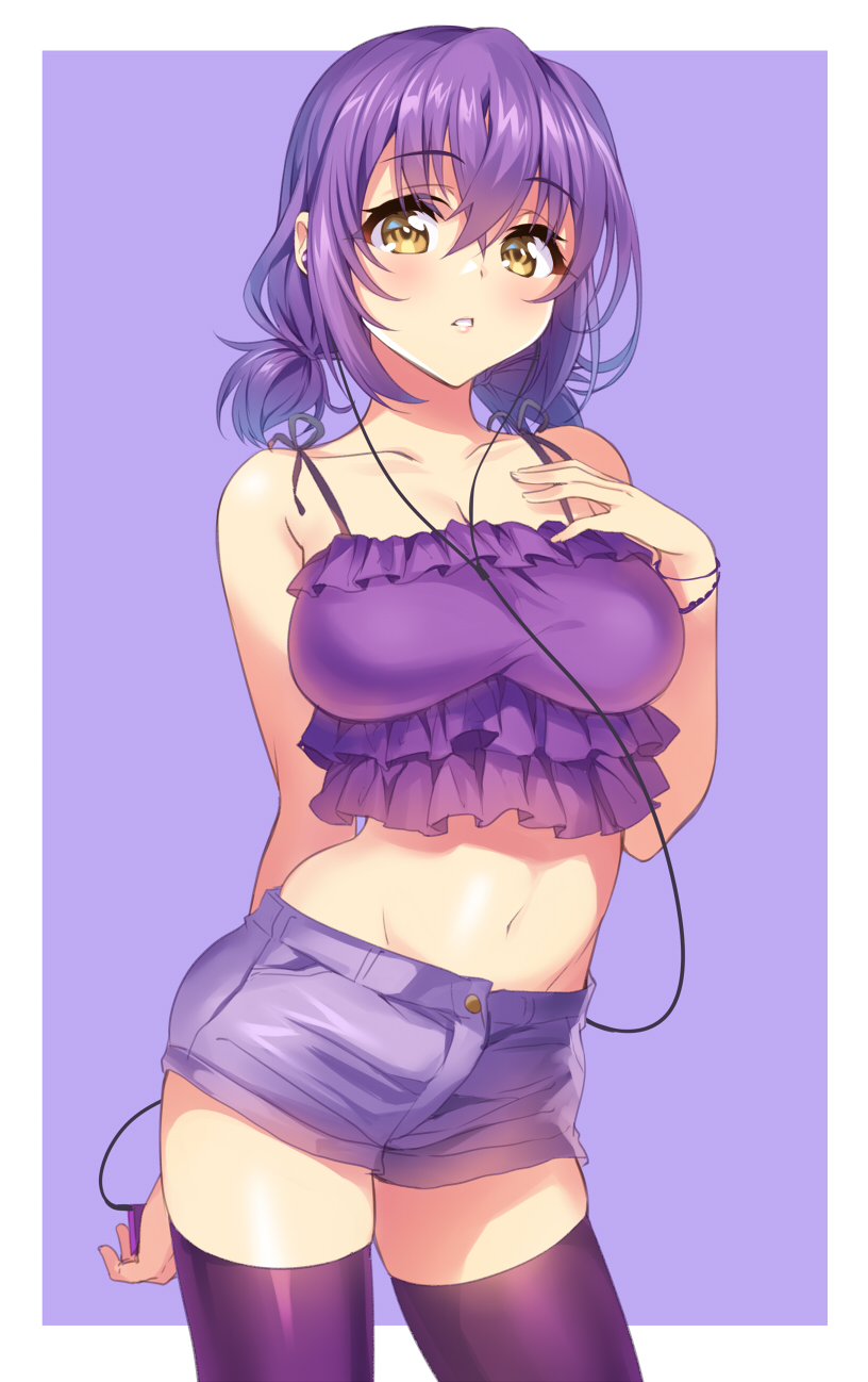 1girl bare_shoulders blouse blush bracelet breasts brown_eyes cleavage cowboy_shot digital_media_player downscaled earphones frills gan_(shanimuni) groin hand_on_own_chest highres jewelry large_breasts looking_at_viewer md5_mismatch midriff original parted_lips purple purple_background purple_hair purple_legwear resized short_twintails shorts simple_background solo spaghetti_strap standing twintails