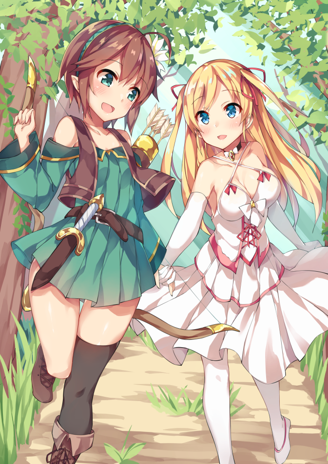 2girls :d ahoge asymmetrical_legwear bangs bare_shoulders black_choker black_legwear blonde_hair blue_eyes blue_sky blush boots brown_footwear brown_hair character_request choker collarbone commentary_request criss-cross_halter cross-laced_footwear day dress elbow_gloves eyebrows_visible_through_hair flower gloves green_dress green_eyes hair_between_eyes hair_flower hair_ornament hair_ribbon halterneck hand_holding kill_time_communication lace-up_boots long_hair long_sleeves multiple_girls off-shoulder_dress off_shoulder open_mouth outdoors pantyhose red_ribbon ribbon shoes short_hair single_thighhigh sky sleeveless sleeveless_dress smile standing standing_on_one_leg thigh-highs two_side_up unacchi_(nyusankin) very_long_hair white_dress white_flower white_footwear white_gloves white_legwear wide_sleeves