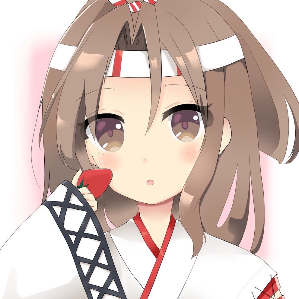 1girl brown_eyes brown_hair commentary_request food fruit hachimaki headband high_ponytail holding japanese_clothes kantai_collection light_brown_hair long_hair looking_at_viewer ponytail solo strawberry takio_(kani_sama) wide_sleeves zuihou_(kantai_collection)