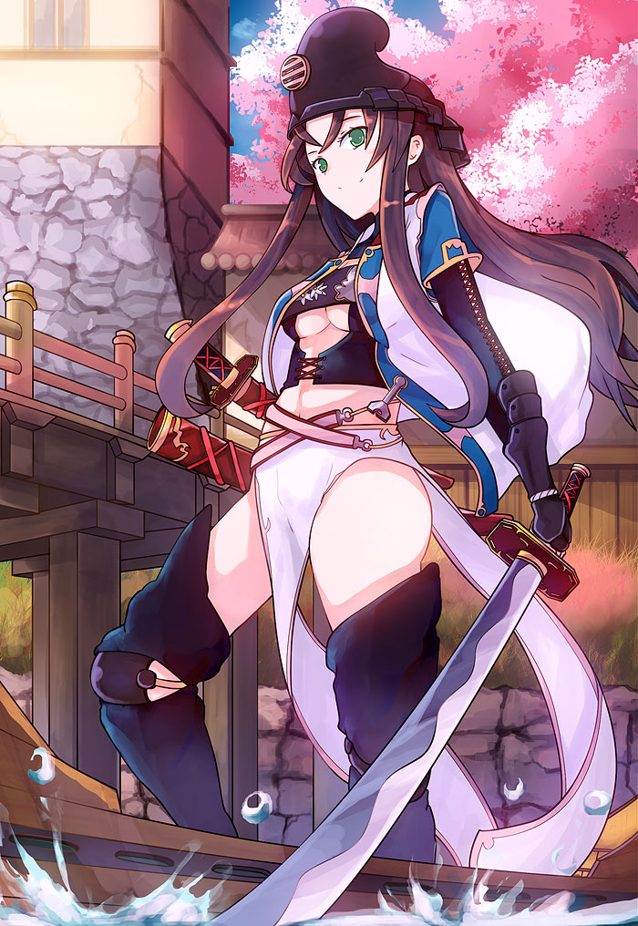 1girl arao bangs black_boots black_hair boat boots breasts building cherry_blossoms cleavage_cutout closed_mouth commentary_request day full_body gauntlets green_eyes holding holding_sword holding_weapon jacket katana layered_clothing long_hair long_skirt looking_at_viewer medium_breasts moeru!_jiten official_art outdoors pelvic_curtain short_over_long_sleeves skirt smile solo standing sword thigh-highs thigh_boots under_boob water watercraft weapon white_jacket white_skirt