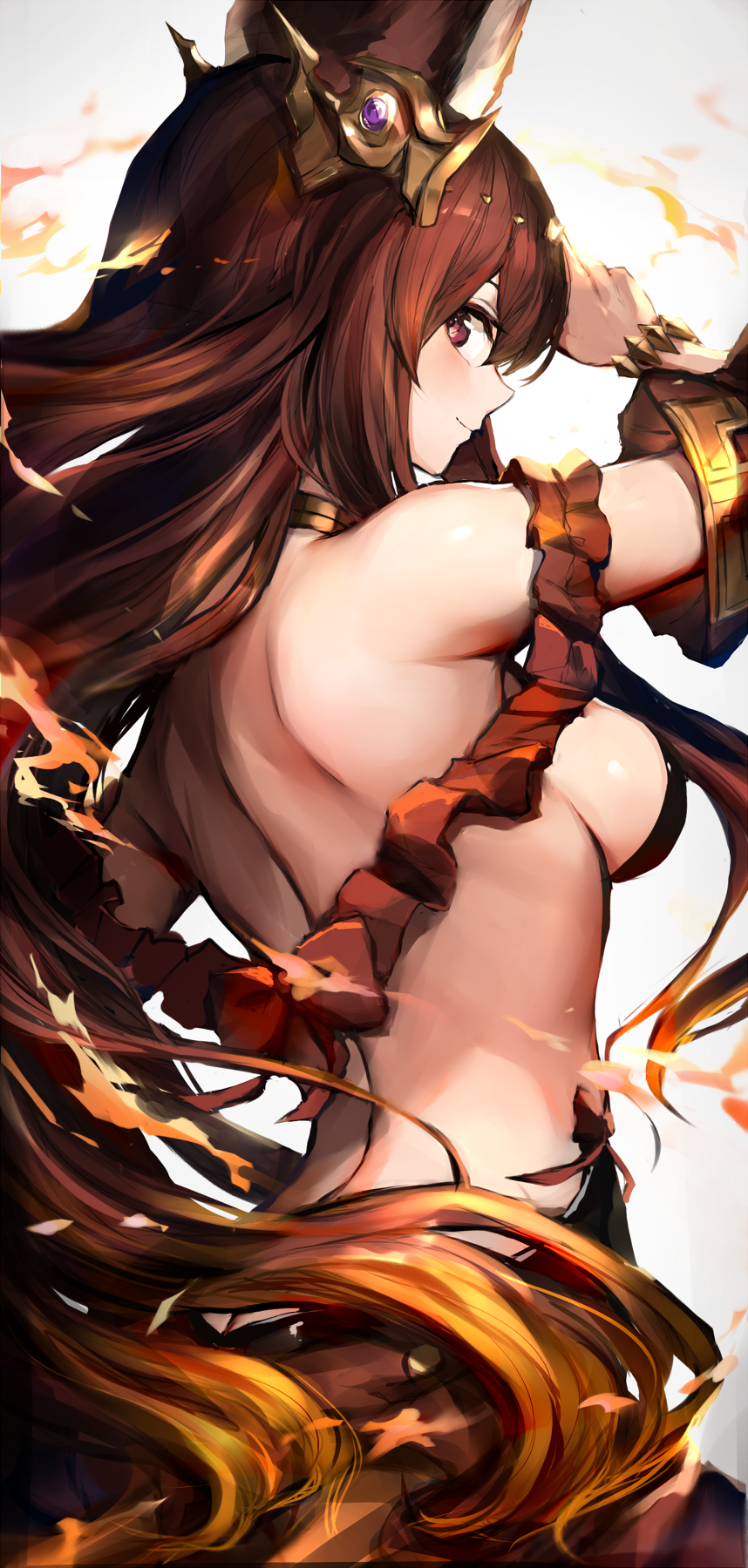 1girl animal_ears anthuria blush breasts brown_eyes brown_hair closed_mouth erun_(granblue_fantasy) fire from_side granblue_fantasy highres long_hair looking_at_viewer medium_breasts oyu_(sijimisizimi) profile smile solo very_long_hair