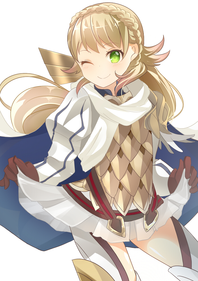 1girl armor blonde_hair blush braid cape fire_emblem fire_emblem_heroes gloves green_eyes long_hair multicolored_hair one_eye_closed pink_hair rojiura-cat sharena simple_background solo thigh-highs two-tone_hair white_background