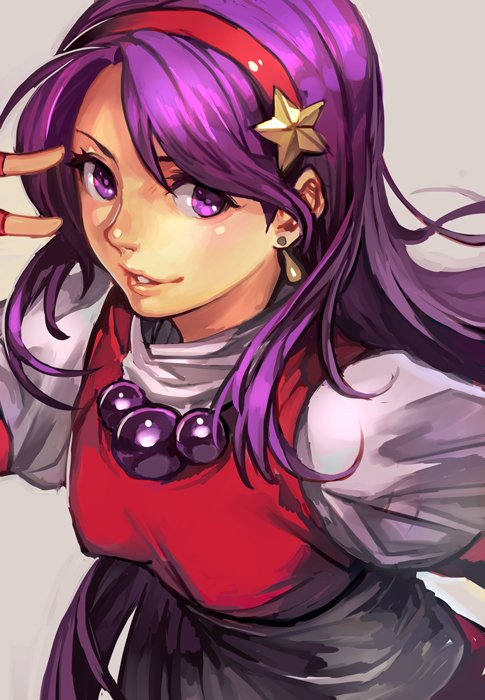 1girl asamiya_athena earrings grey_background hair_ornament hairband hankuri jewelry long_hair looking_at_viewer necklace pose puffy_short_sleeves puffy_sleeves purple_hair red_hairband sash shirt short_sleeves simple_background smile solo star star_hair_ornament the_king_of_fighters upper_body v_over_eye violet_eyes white_shirt