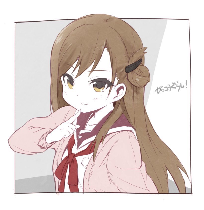 1girl brown_hair copyright_name eyebrows_visible_through_hair finger_to_mouth folded_hair gakkou_gurashi! looking_at_viewer mole mole_under_eye okayparium red_ribbon ribbon school_uniform solo sweater_vest wakasa_yuuri yellow_eyes