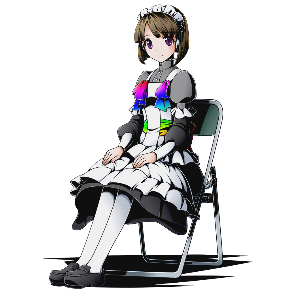 1girl android apron brown_hair divine_gate dress eyebrows_visible_through_hair full_body hands_on_legs headphones humanoid_robot looking_at_viewer mahouka_koukou_no_rettousei maid maid_headdress official_art pantyhose pixie_(mahouka_koukou_no_rettousei) shadow short_hair sitting solo transparent_background ucmm violet_eyes white_legwear