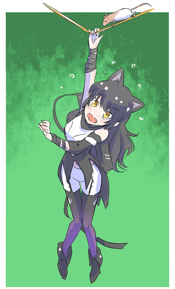 1girl animal_ears black_hair blake_belladonna cat_ears cat_girl commentary fang gambol_shroud green_background hanging_on iesupa mouse navel rope rwby solo yellow_eyes