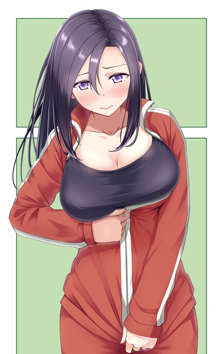 1girl black_hair blush breasts cleavage collarbone commentary_request cowboy_shot demi-chan_wa_kataritai flying_sweatdrops glasses hair_between_eyes inconvenient_breasts jacket large_breasts long_hair long_sleeves pants r_choko satou_sakie semi-rimless_glasses solo track_jacket track_pants violet_eyes zipper