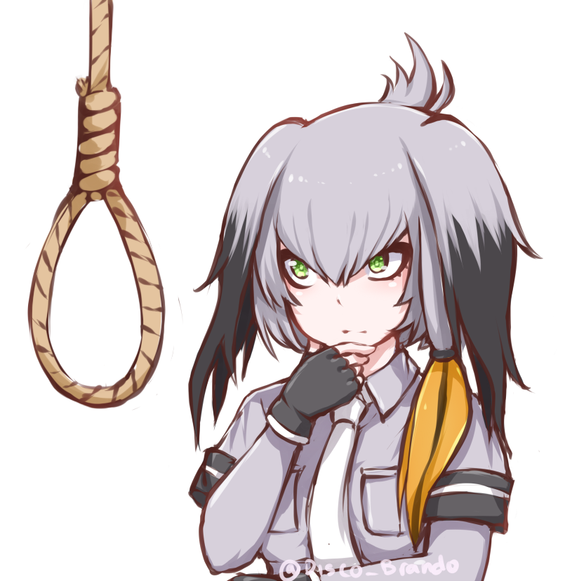 1girl black_gloves black_hair breasts chin_grab collared_shirt commentary disco_brando eyebrows_visible_through_hair fingerless_gloves gloves green_eyes grey_hair hair_between_eyes kemono_friends long_hair low_ponytail man_looking_at_noose_(meme) medium_breasts multicolored_hair noose rope serious shirt shoebill_(kemono_friends) side_ponytail silver_necktie tsurime twintails twitter_username two-tone_hair upper_body