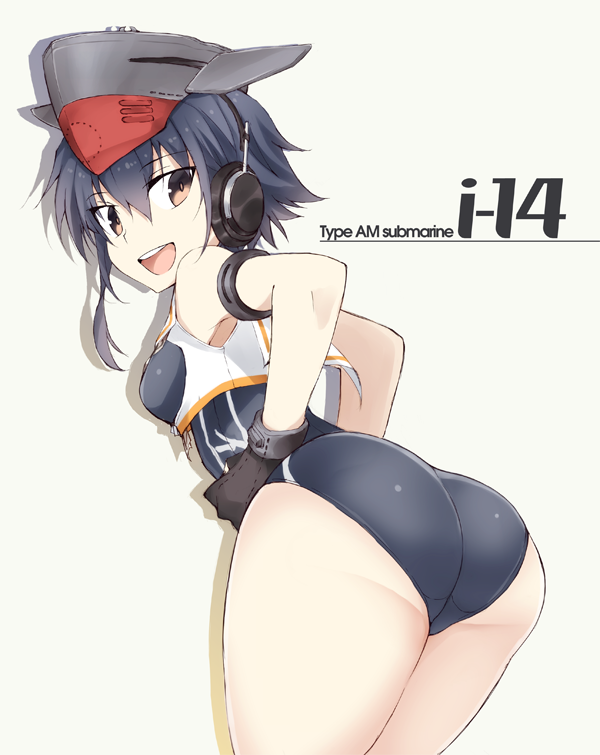 1girl :d armband ass bent_over black_gloves black_hair brown_eyes character_name crop_top from_behind gloves hat headphones i-14_(kantai_collection) kantai_collection looking_back one-piece_swimsuit open_mouth school_swimsuit school_uniform serafuku shirt short_hair smile solo souji standing swimsuit teeth white_shirt