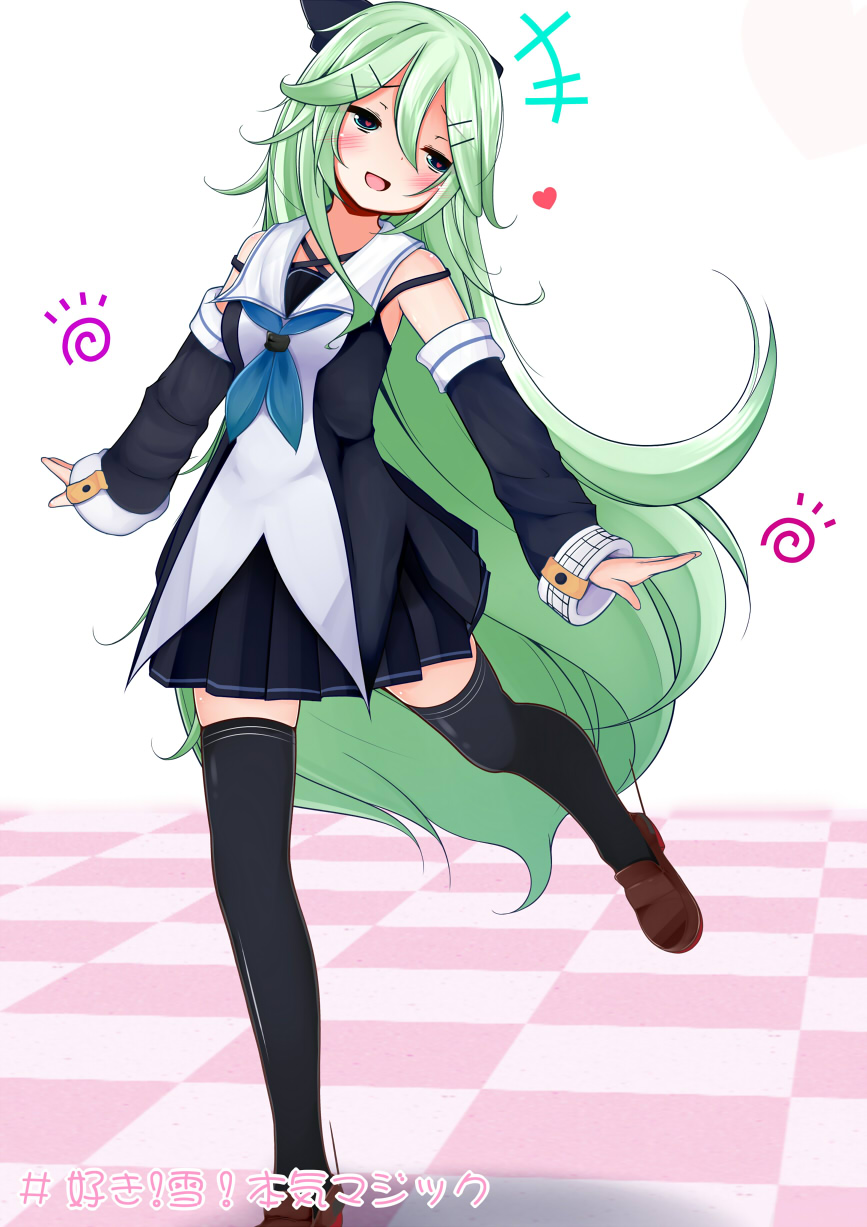 1girl :d bakko bare_shoulders black_legwear black_ribbon black_serafuku black_skirt blue_neckerchief blush brown_shoes checkered checkered_floor commentary_request detached_sleeves green_eyes green_hair hair_ribbon heart heart-shaped_pupils highres kantai_collection neckerchief open_mouth pleated_skirt ribbon school_uniform serafuku shoes skirt smile solo standing standing_on_one_leg symbol-shaped_pupils thigh-highs yamakaze_(kantai_collection)