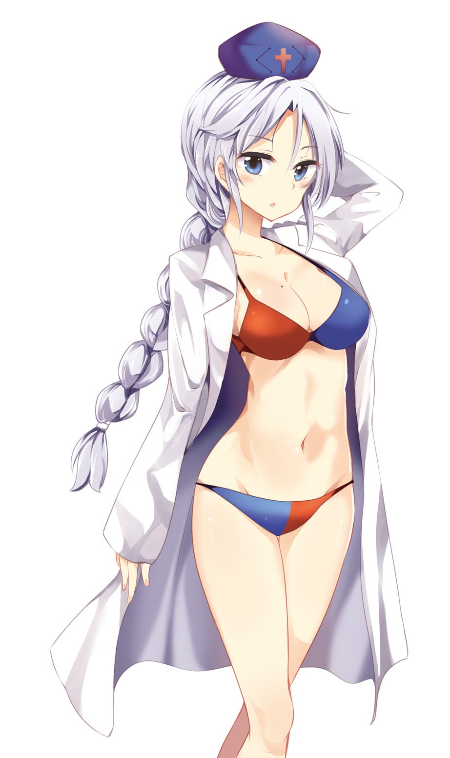 1girl bikini blue_bikini blue_eyes braid breasts cleavage collarbone groin hat highres labcoat long_hair long_sleeves looking_at_viewer maturiuta_sorato medium_breasts mole mole_on_breast navel nurse_cap red_bikini silver_hair simple_background single_braid solo standing swimsuit touhou very_long_hair white_background yagokoro_eirin