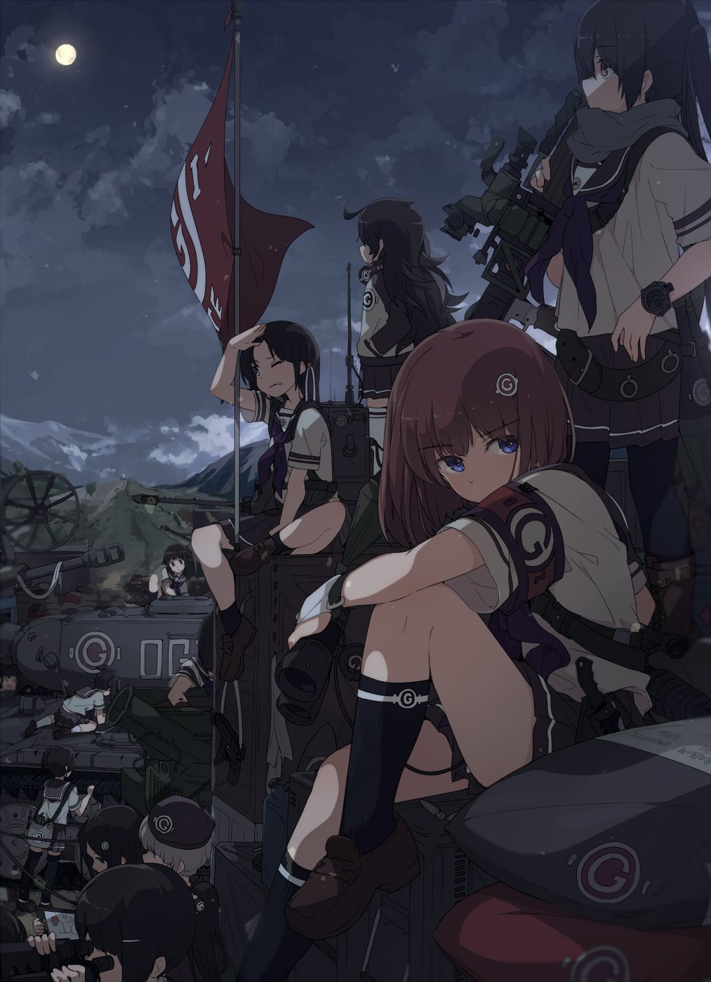 6+girls ahoge bangs beltskirt binoculars black_hair black_legwear blue_eyes brown_hair brown_shoes brown_skirt closed_mouth covered_mouth eyebrows_visible_through_hair flag full_moon grey_scarf ground_vehicle hair_between_eyes hair_ornament hairclip hands_in_pockets highres jacket knee_up kneehighs letterman_jacket loafers long_hair looking_at_viewer military military_vehicle moon motor_vehicle multiple_girls neckerchief night night_sky ogipote one_eye_closed original outdoors pleated_skirt purple_neckerchief school_uniform serafuku shoes short_sleeves sitting skirt sky tank twintails