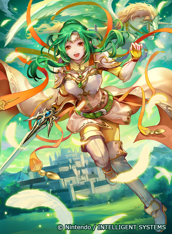 1girl armor belt breastplate brown_eyes cape castle copyright_name elbow_gloves elincia_ridell_crimea feathers fire_emblem fire_emblem:_souen_no_kiseki fire_emblem_cipher gloves green_hair hair_bun hair_up holding holding_weapon konfuzikokon looking_at_viewer official_art outdoors pauldrons pegasus pegasus_knight solo sword thigh-highs tiara weapon wings