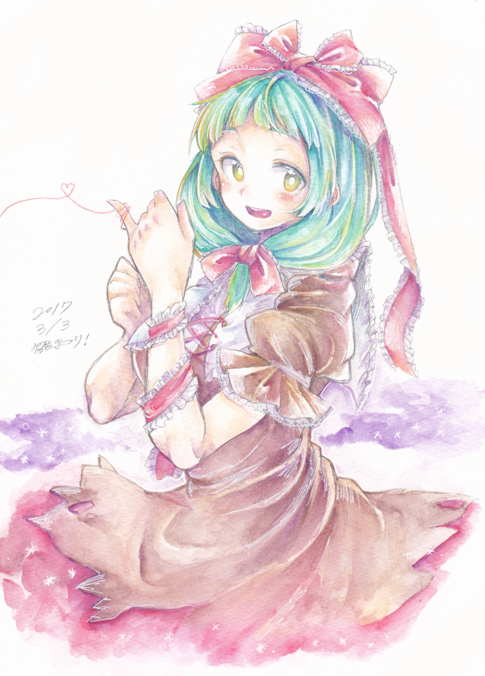 1girl :d arm_ribbon bangs blunt_bangs blush bow clenched_hand dated dress frilled_bow frilled_ribbon frills front_ponytail green_eyes green_hair hair_bow heart heart_of_string highres hinamatsuri kagiyama_hina long_hair looking_at_viewer open_mouth pinky_out red_dress red_ribbon red_string ribbon simple_background smile solo string touhou wadante white_background