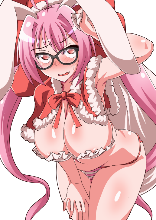 1girl ahoge alternate_costume animal_ears armpits bangs bare_shoulders black-framed_eyewear blush bow bowtie breasts capelet cleavage cowboy_shot di_gi_charat fur_trim hat ikue_fuuji large_breasts leaning_forward long_hair looking_at_viewer nose_blush panties parted_lips pink_hair rabbit_ears red_bow red_bowtie red_eyes revealing_clothes sack santa_hat smile solo striped striped_panties twintails underwear usada_hikaru very_long_hair