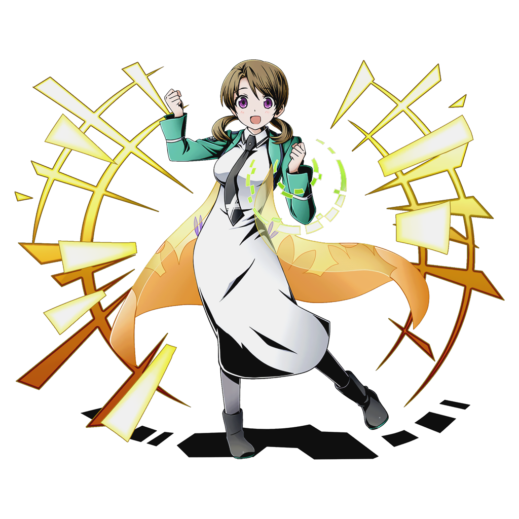 1girl arm_up black_boots black_necktie boots breasts brown_hair divine_gate dress eyebrows_visible_through_hair full_body green_jacket grey_legwear jacket looking_at_viewer mahouka_koukou_no_rettousei medium_breasts mitsui_honoka necktie official_art open_mouth see-through shadow short_hair solo standing transparent_background twintails ucmm violet_eyes white_dress