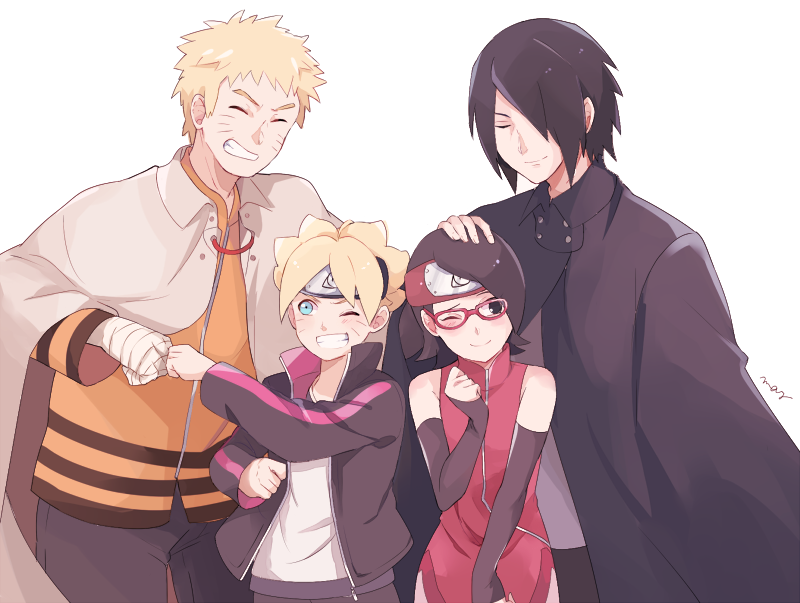 1girl 3boys bandaged_arm black_hair blonde_hair boruto:_naruto_the_movie cloak father_and_daughter father_and_son fist_bump forehead_protector glasses grin jacket multiple_boys naruto one_eye_closed petting red-framed_eyewear smile track_jacket uchiha_sarada uchiha_sasuke uzumaki_boruto uzumaki_naruto white_background