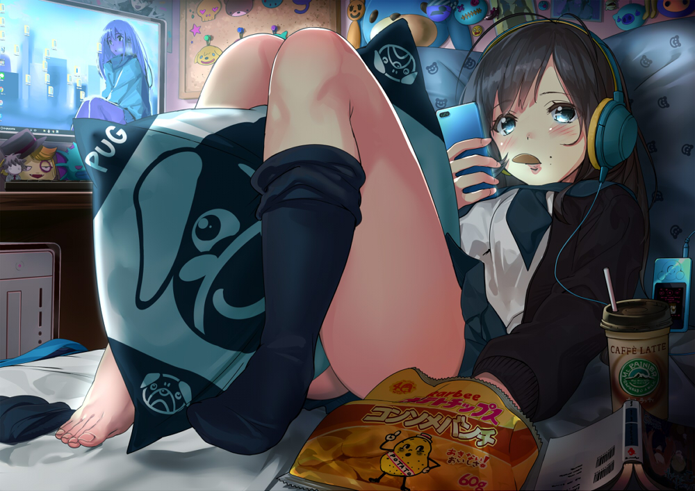 1girl animal_print bangs bedroom black_hair black_skirt blue_eyes blush book breasts cardigan cellphone chips closed_mouth coffee_cup computer dog_print eyebrows_visible_through_hair food food_in_mouth headphones holding holding_phone indoors kinugasa_yuuichi knees_together_feet_apart legs listening_to_music long_hair manga_(object) medium_breasts mole monitor mouth_hold open_book open_cardigan open_clothes original phone pillow pleated_skirt potato_chips school_uniform single_sock skirt smartphone socks solo thighs toes