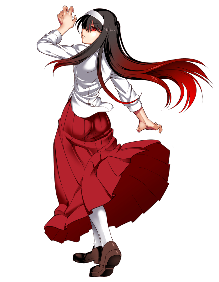 1girl ass black_hair blouse brown_shoes closed_mouth from_behind gradient_hair hairband hawawani loafers long_hair long_skirt long_sleeves looking_at_viewer looking_back melty_blood multicolored_hair pleated_skirt red_eyes red_skirt redhead shoes skirt solo standing tohno_akiha tsukihime white_blouse white_hairband white_legwear