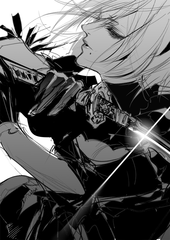 1girl bangs black_dress dress eyelashes floating_hair gloves hairband holding holding_sword holding_weapon juliet_sleeves kiyohara_hiro lens_flare lips long_sleeves mole mole_under_mouth monochrome nier_(series) nier_automata no_blindfold parted_lips puffy_sleeves short_hair simple_background sketch solo sword upper_body weapon yorha_no._2_type_b