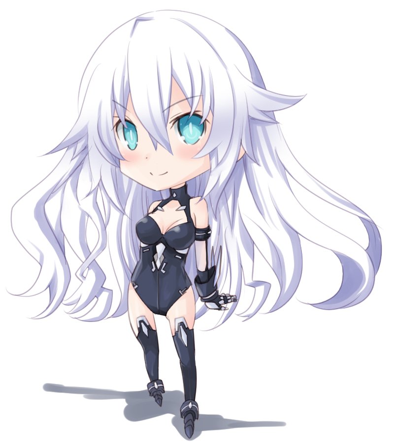 1girl bare_shoulders black_heart blue_eyes blush breasts chibi choujigen_game_neptune cleavage iwasi-r leotard long_hair looking_at_viewer neptune_(series) noire solo symbol-shaped_pupils very_long_hair white_hair