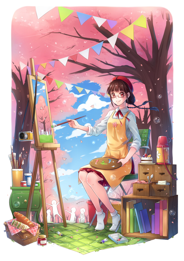 1girl apron bangs beret blue_sky blunt_bangs bow bowtie bread brown_hair bubble bucket cake camera cat_bell_(artist) chair cherry_blossoms clouds collared_shirt commentary_request eyebrows_visible_through_hair food hat looking_at_viewer original outdoors paint_tube paintbrush painting painting_(object) palette pennant petals picnic_basket rectangular_glasses red_bow red_bowtie red_eyes red_hat red_skirt sandwich shelf shirt sitting skirt sky sleeves_rolled_up smile solo spoon spring_(season) string_of_flags thermos tree white_legwear white_shirt yellow_apron