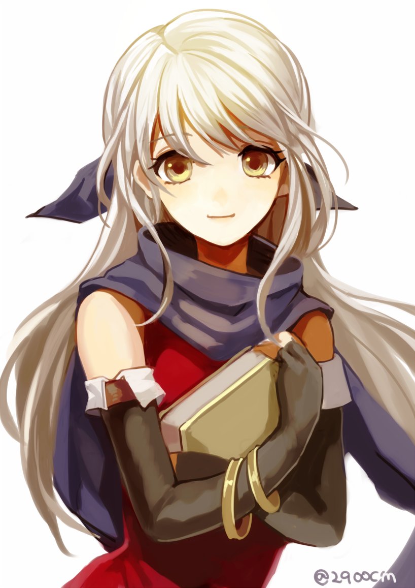 1girl 2900cm book bow cape european_clothes fire_emblem fire_emblem:_akatsuki_no_megami hair_bow holding looking_at_viewer micaiah silhouette simple_background smile white_background yellow_eyes