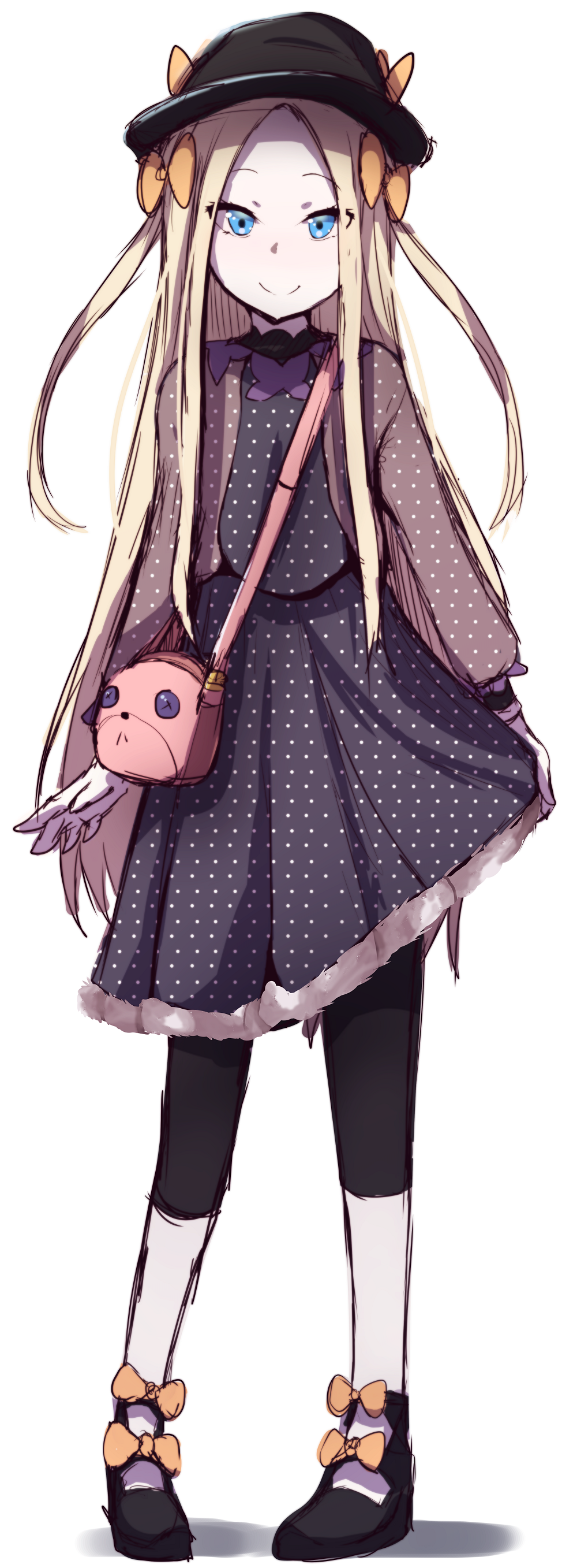 1girl abigail_williams_(fate/grand_order) absurdres alternate_costume animal_bag bag bangs bear_bag black_dress black_footwear black_hat blonde_hair blue_eyes bow brown_jacket butterfly closed_mouth dress fate/grand_order fate_(series) forehead full_body fur-trimmed_dress hair_bow hat highres jacket leg_warmers long_hair long_sleeves looking_at_viewer orange_bow parted_bangs polka_dot polka_dot_dress shoulder_bag simple_background sketch skirt_hold smile solo standing very_long_hair wadakazu white_background