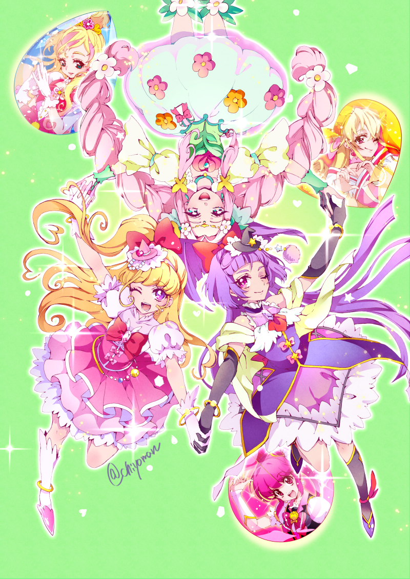 6+girls aida_mana aino_megumi asahina_mirai black_gloves blonde_hair bow braid chiyo_(rotsurechiriha) choker cure_felice cure_flora cure_heart cure_lovely cure_magical cure_miracle dokidoki!_precure earrings elbow_gloves flower gloves go!_princess_precure green_eyes ha-chan_(mahou_girls_precure!) hair_bow hair_flower hair_ornament half_updo hanami_kotoha happinesscharge_precure! haruno_haruka hat heart heart_hair_ornament heart_hands izayoi_liko jewelry long_hair looking_at_viewer magical_girl mahou_girls_precure! mini_hat mini_witch_hat multicolored multicolored_eyes multicolored_hair multiple_girls one_eye_closed open_mouth pink_bow pink_eyes pink_hair pink_hat ponytail precure puffy_short_sleeves puffy_sleeves purple_hair ribbon short_sleeves skirt smile streaked_hair twin_braids two-tone_hair violet_eyes white_gloves witch_hat wrist_cuffs