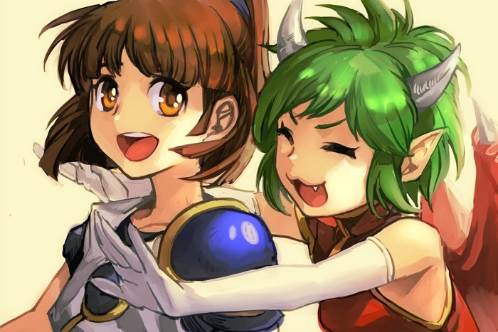 2girls :3 :d arle_nadja brown_hair china_dress chinese_clothes closed_eyes demon_horns demon_wings draco_centauros dress elbow_gloves fang glomp gloves green_hair hankuri horns hug hug_from_behind madou_monogatari multiple_girls open_mouth orange_eyes outstretched_arms pointy_ears ponytail puyopuyo short_sleeves shoulder_pads simple_background sleeveless sleeveless_dress smile white_gloves wings