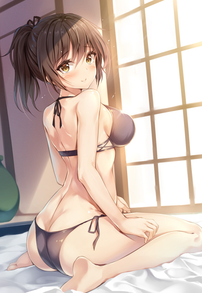 1girl alternate_costume arched_back ass bare_arms bare_legs bare_shoulders barefoot bed_sheet bikini blue_bikini breasts dutch_angle exe_(xe) from_behind hair_between_eyes kaga_(kantai_collection) kantai_collection light_smile lips looking_at_viewer medium_breasts midriff side-tie_bikini side_ponytail sideboob soles swimsuit window