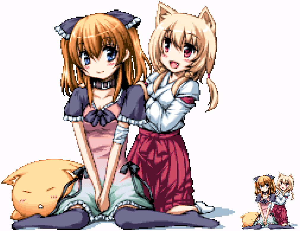 2girls :d animal_ears bandage bandaged_arm bangs bell belt_collar between_legs black_bow black_legwear black_ribbon blonde_hair blue_eyes blush borrowed_character bow breasts cat cat_ears chiriko_(atlanta) cleavage closed_eyes closed_mouth collar collarbone commentary_request dress eyebrows_visible_through_hair eyes_visible_through_hair fang feet fox_ears frilled_bow frilled_sleeves frills full_body gradient_clothes gradient_dress hair_bell hair_between_eyes hair_bow hair_ornament hakama hand_between_legs hand_in_another's_hair japanese_clothes kneeling legs long_hair long_sleeves looking_at_another miko multicolored multicolored_clothes multicolored_dress multiple_girls nekojirou no_shoes nori_tamago open_mouth orange_hair original own_hands_together pixel_art red_eyes red_hakama ribbon shadow short_sleeves sidelocks simple_background sitting sleeping smile socks ten'inkou_korin thigh-highs triangle_mouth twintails two_side_up v-neck v_arms wariza white_background white_legwear zoom_layer