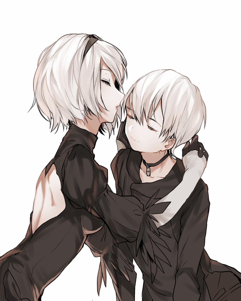 1boy 1girl breasts choker closed_eyes collarbone couple crying dress eyelashes feather-trimmed_sleeves gloves hair_between_eyes happy_tears hetero highres incipient_kiss juliet_sleeves large_breasts lips long_sleeves nier_(series) nier_automata open-back_dress pale_skin puffy_sleeves shii_(luochen_xi) short_hair simple_background smile tears white_background yorha_no._2_type_b yorha_no._9_type_s