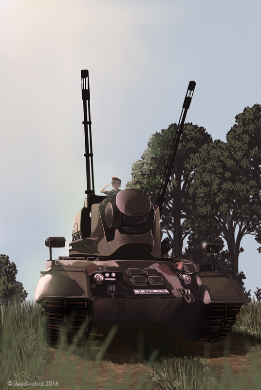 1girl 2016 antiaircraft_weapon backlighting beret blonde_hair caterpillar_tracks commentary dead-robot flugabwehrkanonenpanzer_gepard germany grass ground_vehicle hat military military_uniform military_vehicle motor_vehicle original path road salute sleeves_rolled_up soldier solo tank tree twitter_username uniform