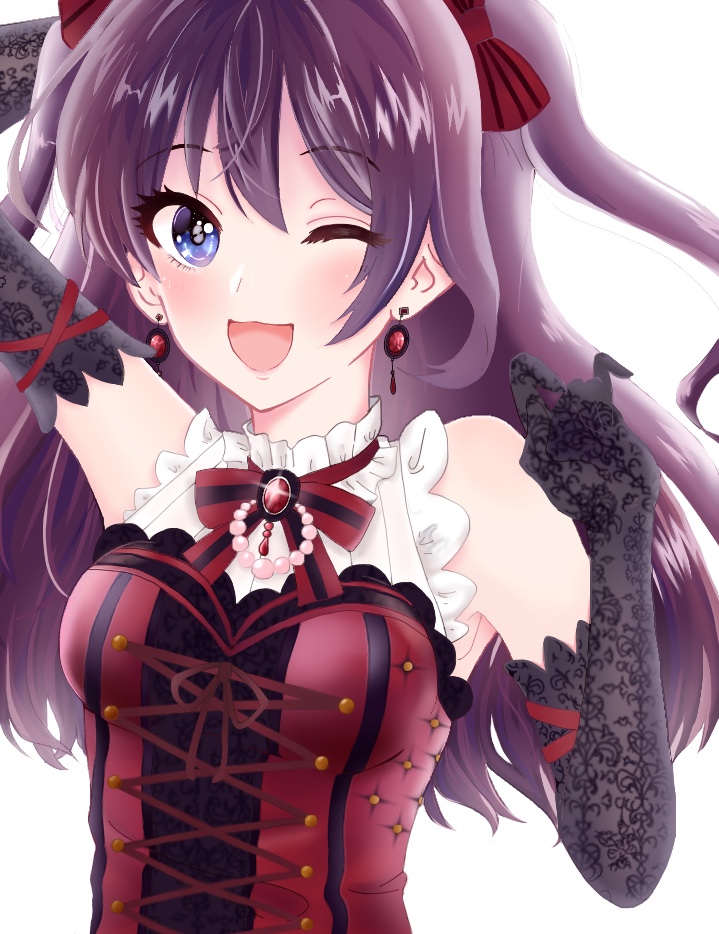 1girl arm_up armpits bare_shoulders black_gloves blue_eyes blush bow commentary_request earrings elbow_gloves eyebrows_visible_through_hair gloves hair_bow hair_ornament hair_ribbon ichinose_shiki idolmaster idolmaster_cinderella_girls idolmaster_cinderella_girls_starlight_stage jewelry long_hair looking_at_viewer one_eye_closed open_mouth out_of_frame purple_hair ribbon solo takio_(kani_sama)