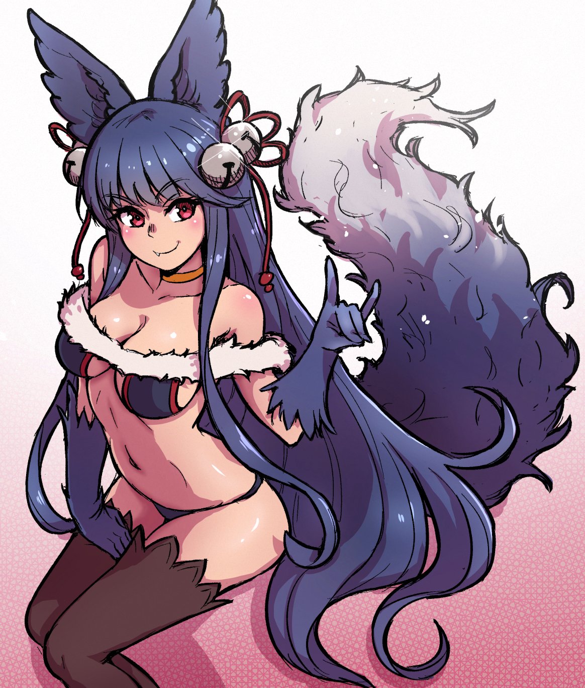 1girl akairiot animal_ears bangs bell black_gloves black_panties blue_hair blush breasts cleavage erun_(granblue_fantasy) fang fox_ears fox_shadow_puppet fox_tail fur_trim gloves gradient gradient_background granblue_fantasy hair_bell hair_ornament highres jingle_bell long_hair looking_at_viewer multicolored multicolored_tail navel panties red_eyes shadow sidelocks sitting smile solo tail underwear white_hair yuel_(granblue_fantasy)