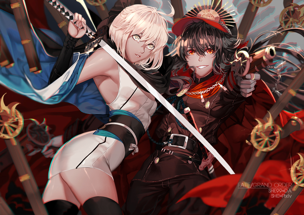 1boy 2girls ahoge arched_back ass bangs bare_shoulders belt black_hair blonde_hair brown_jacket cape chromatic_aberration contrapposto copyright_name demon_archer deviantart_username dress fate/grand_order fate_(series) finger_on_trigger glint grin gun hair_over_eyes handgun hat holding holding_gun holding_sword holding_weapon japanese_clothes katana lips looking_at_viewer multiple_girls obi pants parted_lips pixiv_username red_eyes sakura_saber sash scabbard sheath sheathed shei99 short_dress short_hair skindentation sleeveless sleeveless_dress smile sword thigh-highs uniform unsheathed vambraces weapon white_dress wind yellow_eyes zettai_ryouiki