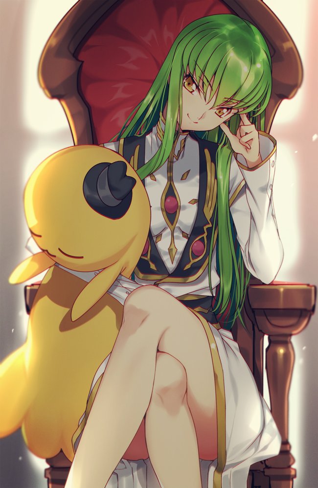 1girl breasts c.c. chair cheese-kun code_geass creayus dress green_hair hat long_hair looking_at_viewer medium_breasts smile solo stuffed_toy yellow_eyes